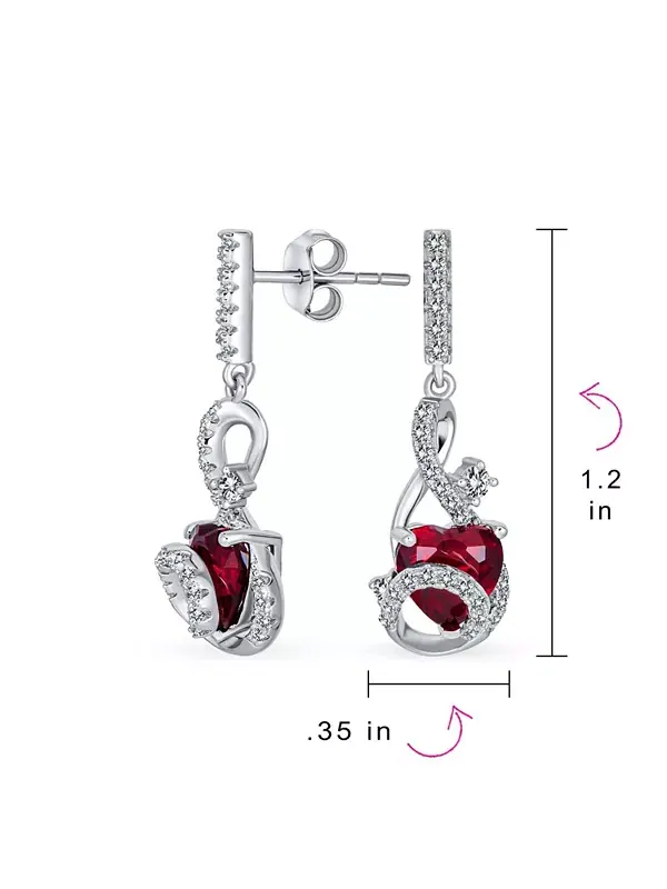 Серьги-Подвески с красным сердцем из кубического циркония в форме бесконечного завитка — изображение 3 из 4, оттенок красный