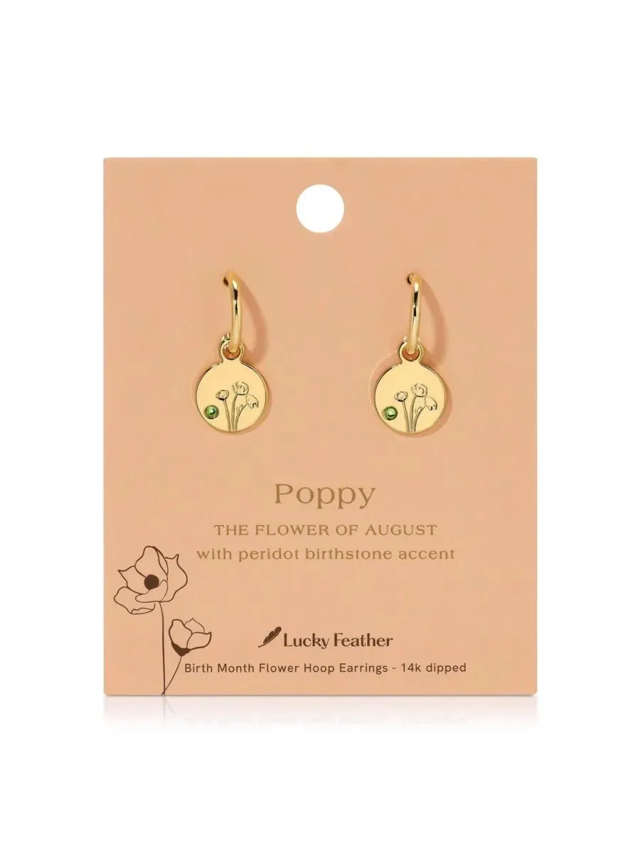 Серьги-кольца с цветком рождения и кристаллом, 14k золотое покрытие, Lucky Feather — изображение 2 из 3, оттенок нет цвета
