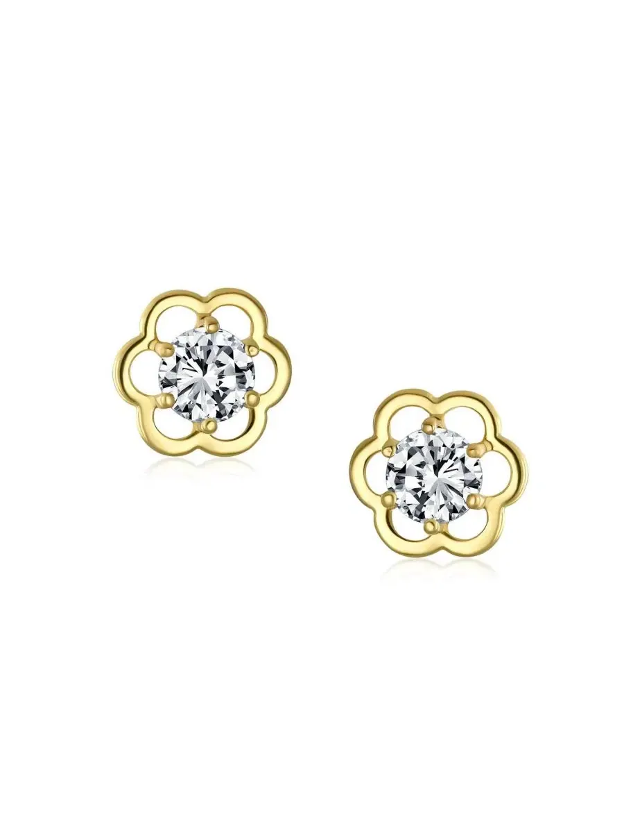 Серьги-гвоздики с цветком из фианита, 14K золото Bling Jewelry — изображение 2 из 4, оттенок прозрачный