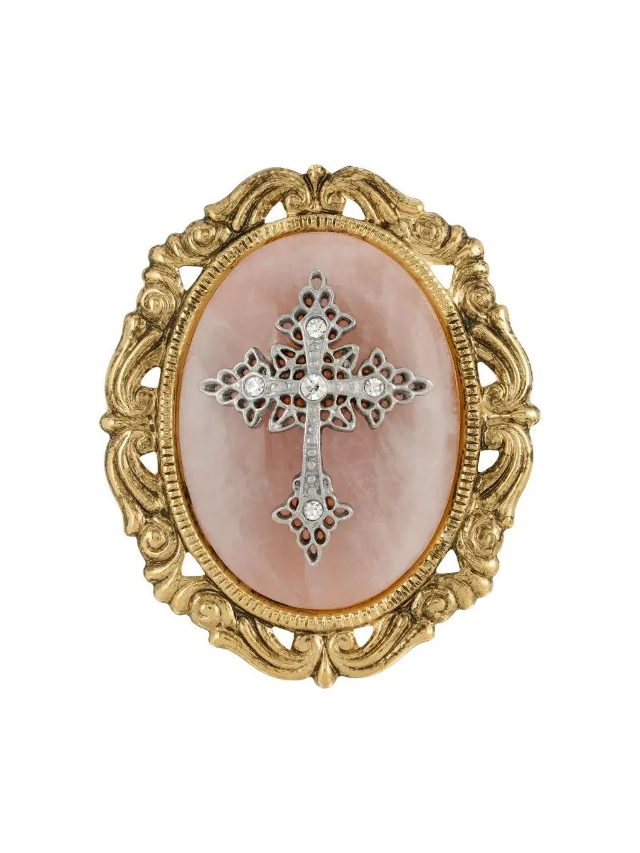 Брошь овальная из розового кварца с крестом, 14k золотое покрытие Symbols of Faith