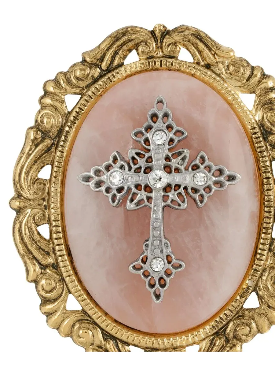 Брошь овальная из розового кварца с крестом, 14k золотое покрытие Symbols of Faith — изображение 2 из 3, оттенок розовый