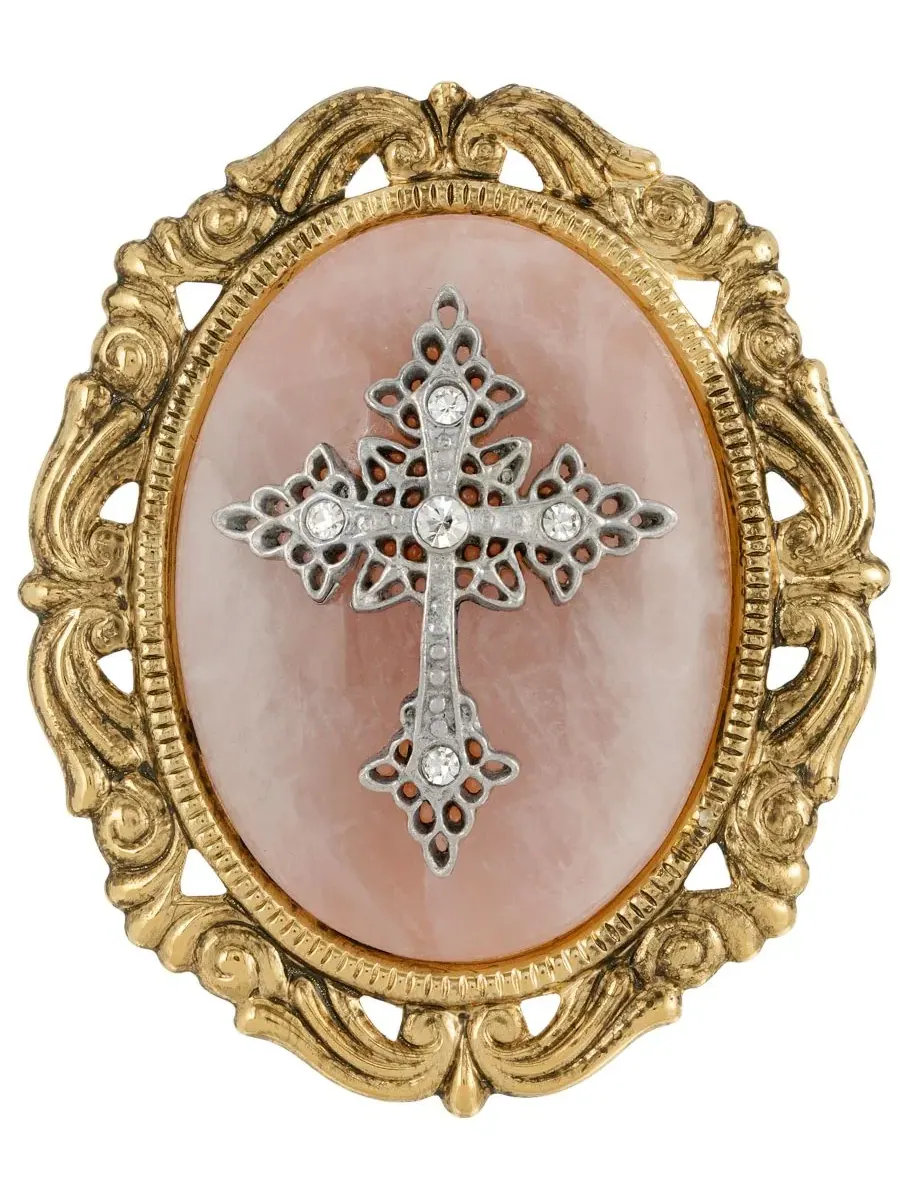 Брошь овальная из розового кварца с крестом, 14k золотое покрытие Symbols of Faith — изображение 3 из 3, оттенок розовый