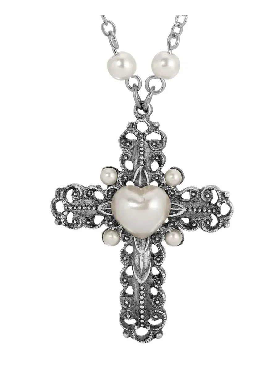 Колье с крестом и сердцем из искусственного жемчуга, 61 см Symbols of Faith — изображение 2 из 3, оттенок белый