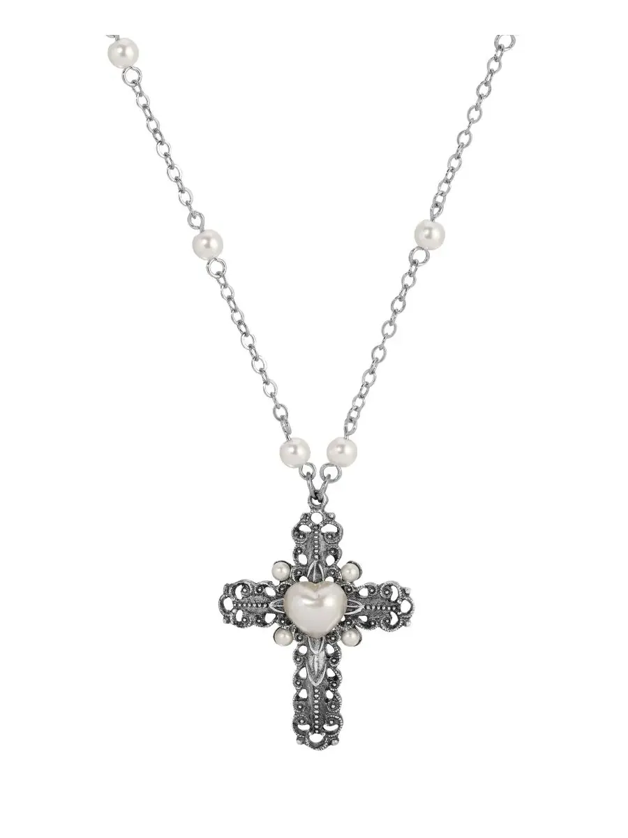 Колье с крестом и сердцем из искусственного жемчуга, 61 см Symbols of Faith — изображение 3 из 3, оттенок белый