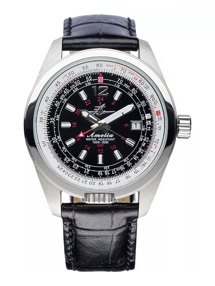 Женские часы Amelia Swiss GMT с черным кожаным ремешком, 40 мм Abingdon Co. — черный