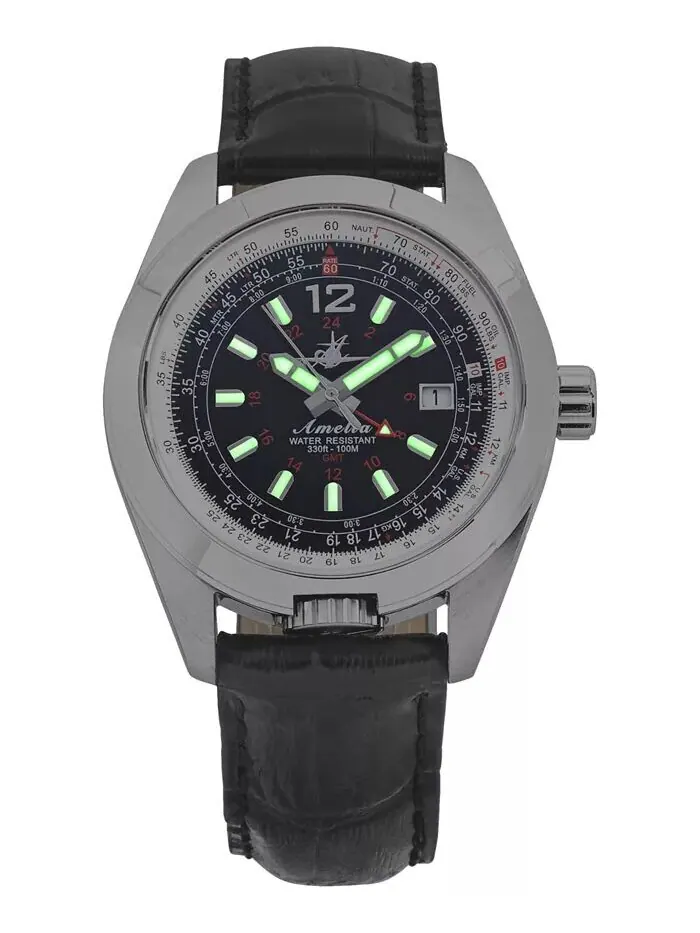 Женские часы Amelia Swiss GMT с черным кожаным ремешком, 40 мм Abingdon Co. — изображение 4 из 8, оттенок черный