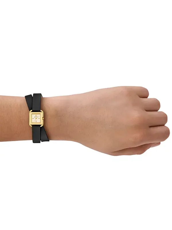 Женские часы Kira Square Small с тремя ручками, черные, кожа, 19 мм Tory Burch — изображение 4 из 4, оттенок черный