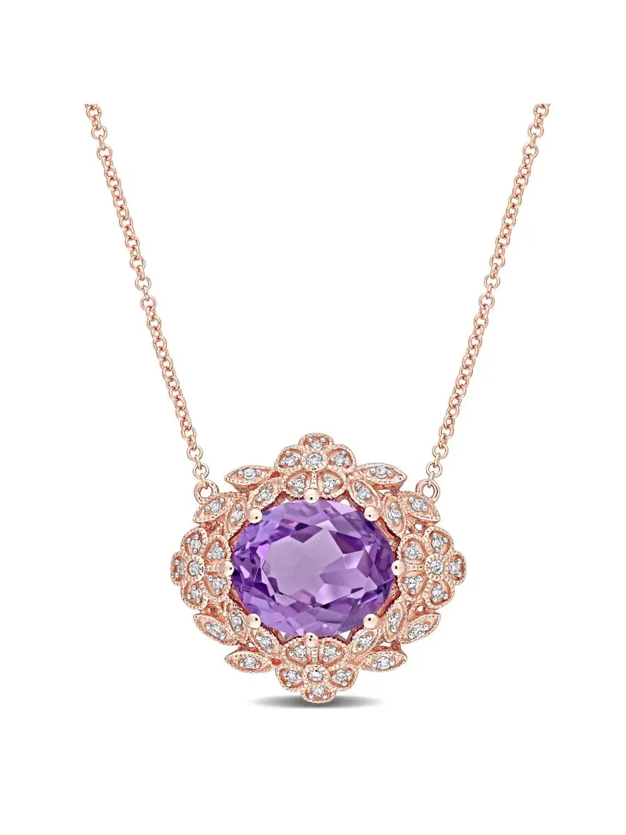 Кулон с аметистом и бриллиантами в винтажном стиле, 14k розовое золото, Floral Vintage Necklace — изображение 1 из 2