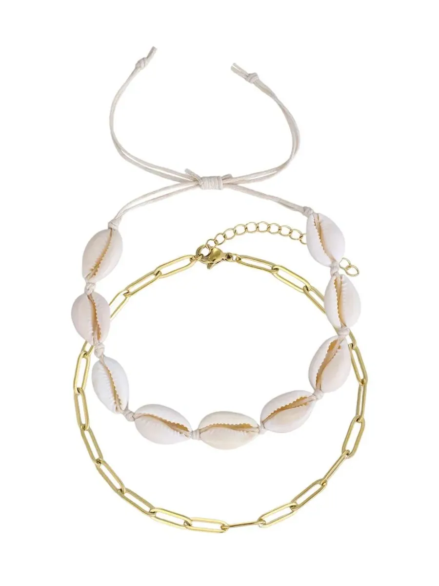 Набор из 2 браслетов на щиколотку с подвеской-ракушкой и цепочкой-звеном, 18k золото ADORNIA — изображение 1 из 3