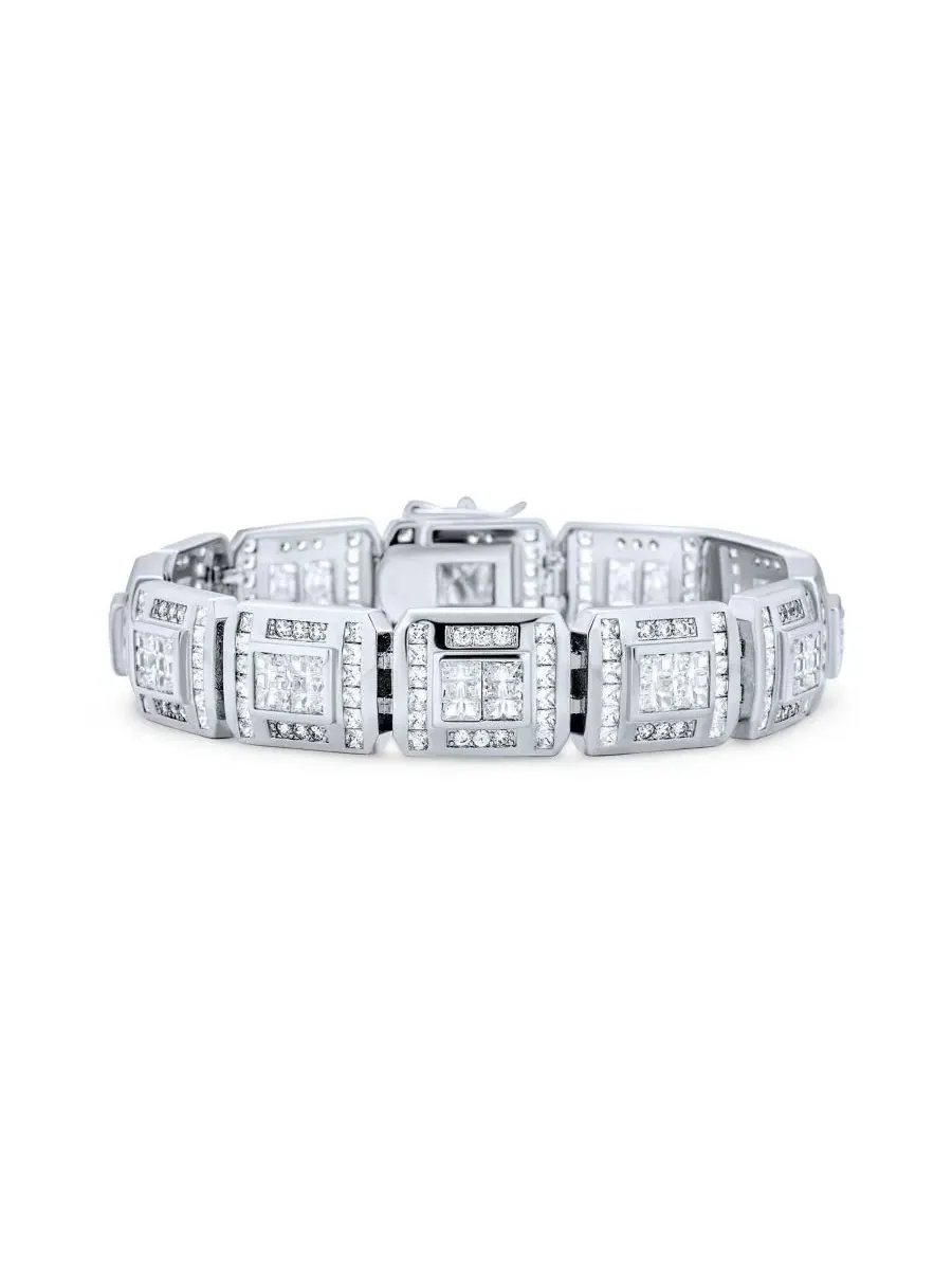 Мужской браслет-звено с кубическим цирконием, Rhodium Plated Brass Bling Jewelry — изображение 1 из 3, оттенок прозрачный