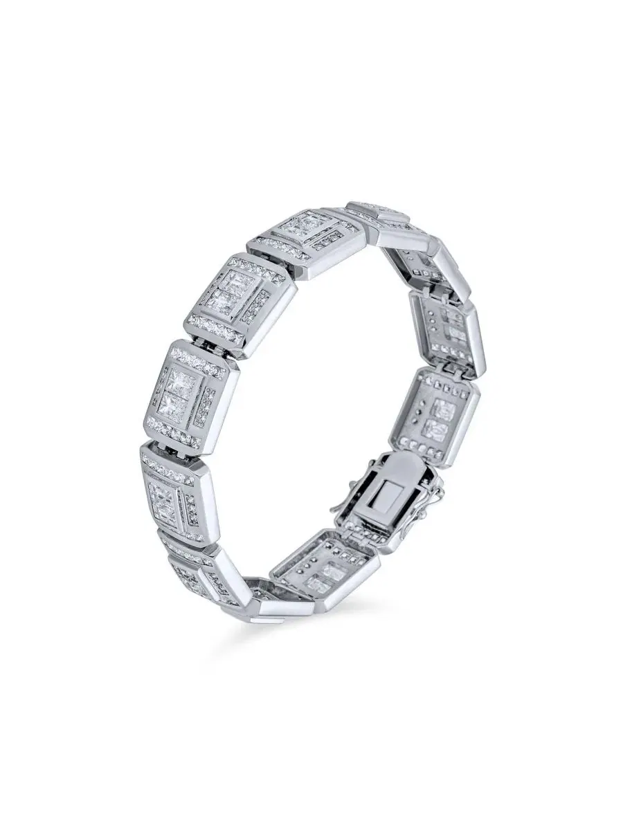 Мужской браслет-звено с кубическим цирконием, Rhodium Plated Brass Bling Jewelry — изображение 3 из 3, оттенок прозрачный