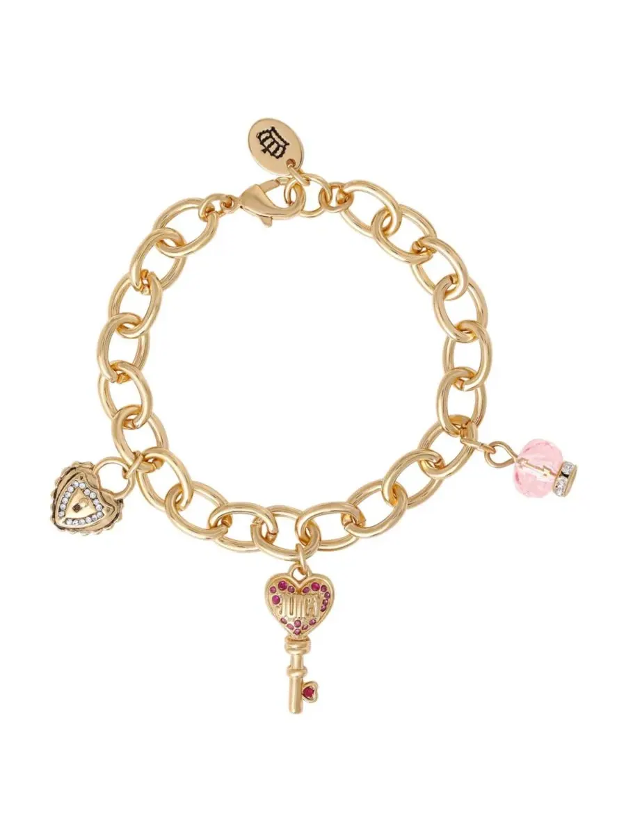 Браслет с подвесками в виде сердца и ключа - 19 см Juicy Couture — изображение 3 из 8, оттенок золото