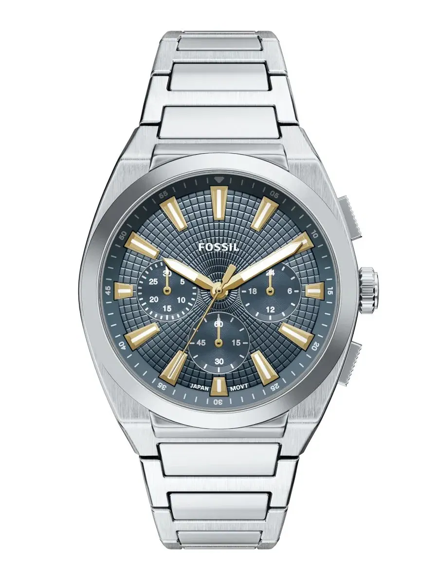 Мужские часы Everett Chronograph из нержавеющей стали, 44 мм Fossil — изображение 1 из 7, оттенок серебряный