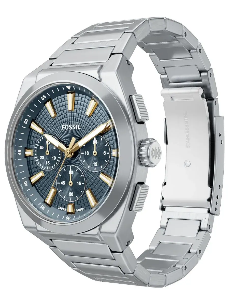 Мужские часы Everett Chronograph из нержавеющей стали, 44 мм Fossil — изображение 4 из 7, оттенок серебряный