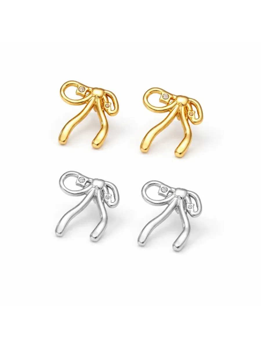 Серьги-пусеты из нержавеющей стали с кристаллом, бант Rebl Jewelry — изображение 3 из 3, оттенок золото