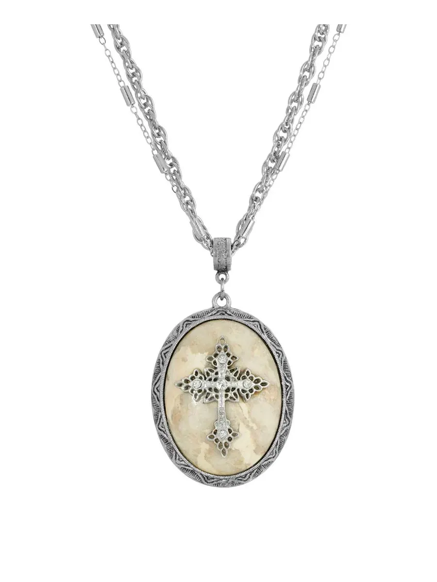 Оловянный крестик в овальной оправе из розового кварца Symbols Of Faith — изображение 1 из 4, оттенок бежевый