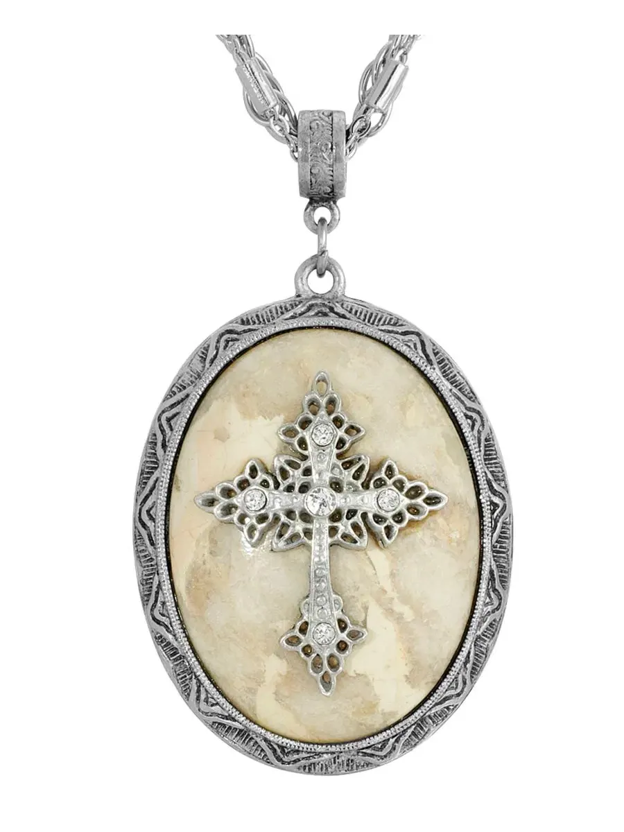 Оловянный крестик в овальной оправе из розового кварца Symbols Of Faith — изображение 2 из 4, оттенок бежевый