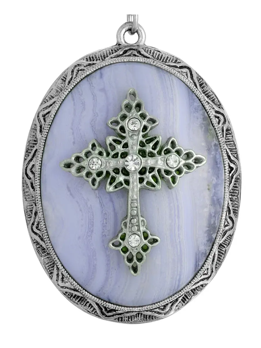 Оловянный крестик в овальной оправе из розового кварца Symbols Of Faith — изображение 2 из 4, оттенок синий