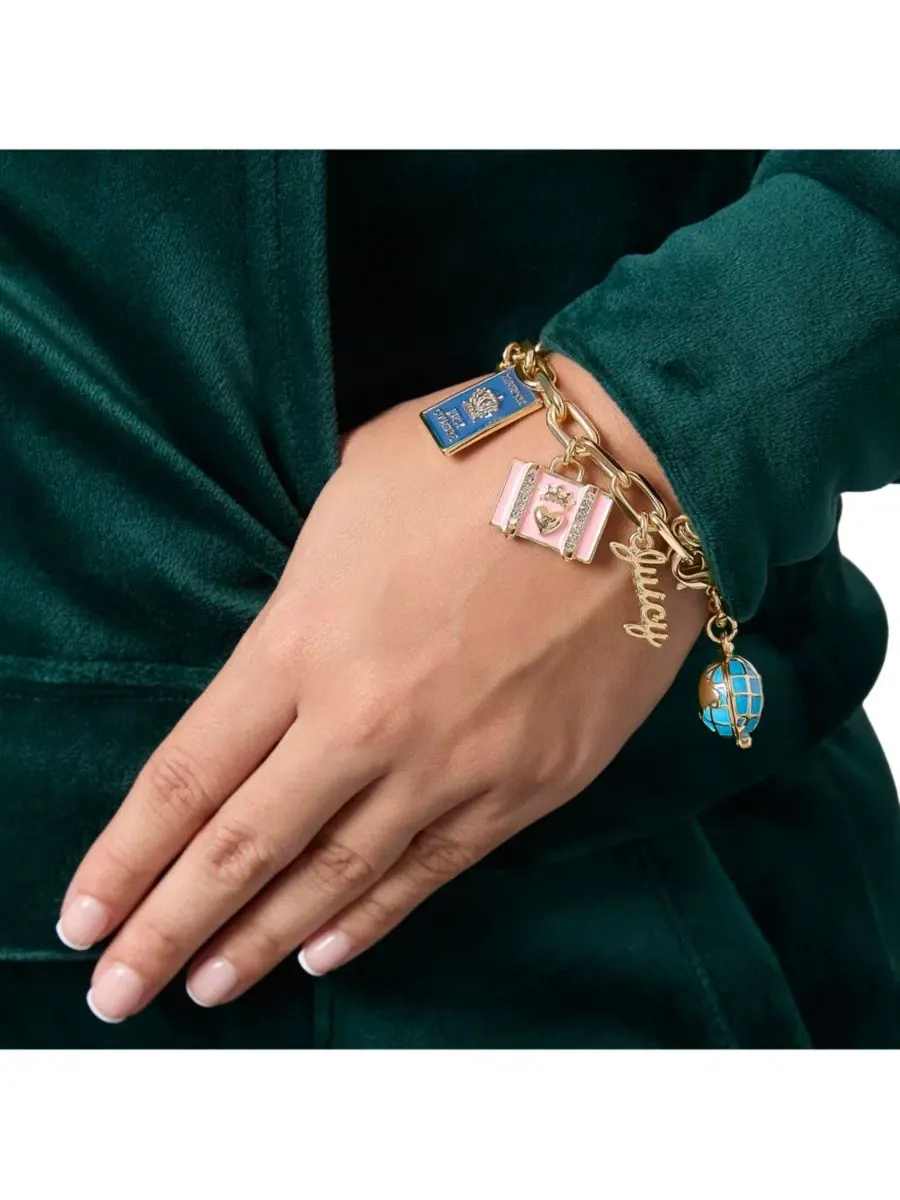 Браслет с эмалевыми подвесками Travel Icons Juicy Couture — изображение 2 из 9, оттенок золотистый/синий розовый