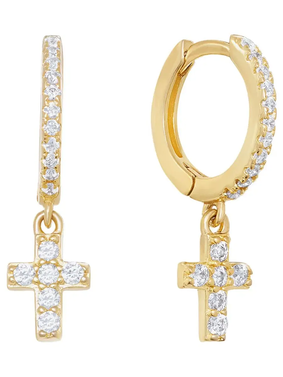 Серьги-конго с крестом и кубическим цирконием Cubic Zirconia Religious Cross Charm Dangle Huggie — изображение 1 из 3