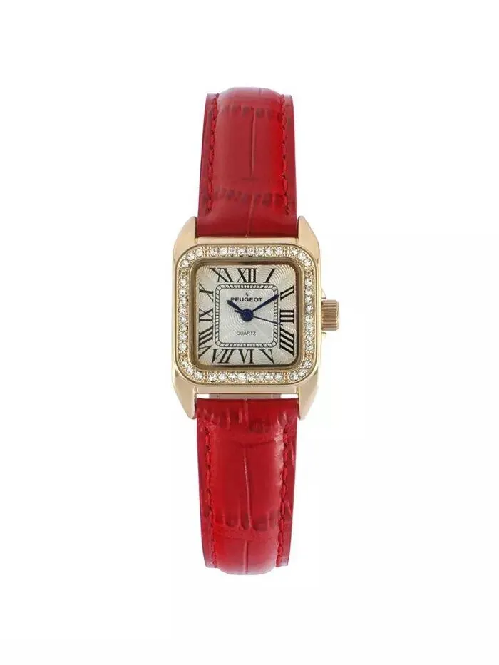 Женские часы Tank 34x24 мм с красным кожаным ремешком с хрустальным безелем Peugeot — изображение 1 из 2, оттенок красный