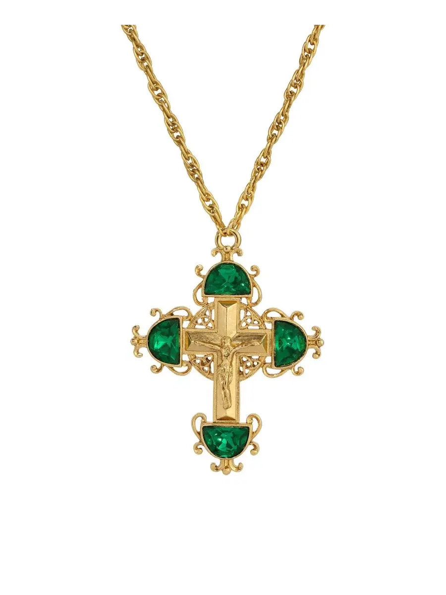 Золотистый крест с изумрудно-зелеными кристаллами, колье 71 см (71 см) Symbols Of Faith