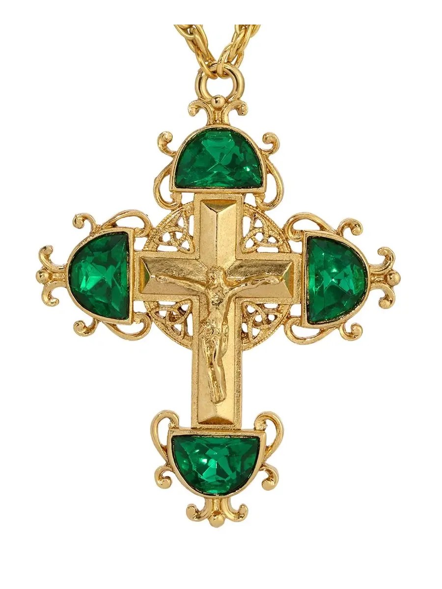 Золотистый крест с изумрудно-зелеными кристаллами, колье 71 см (71 см) Symbols Of Faith — изображение 2 из 3, оттенок зеленый