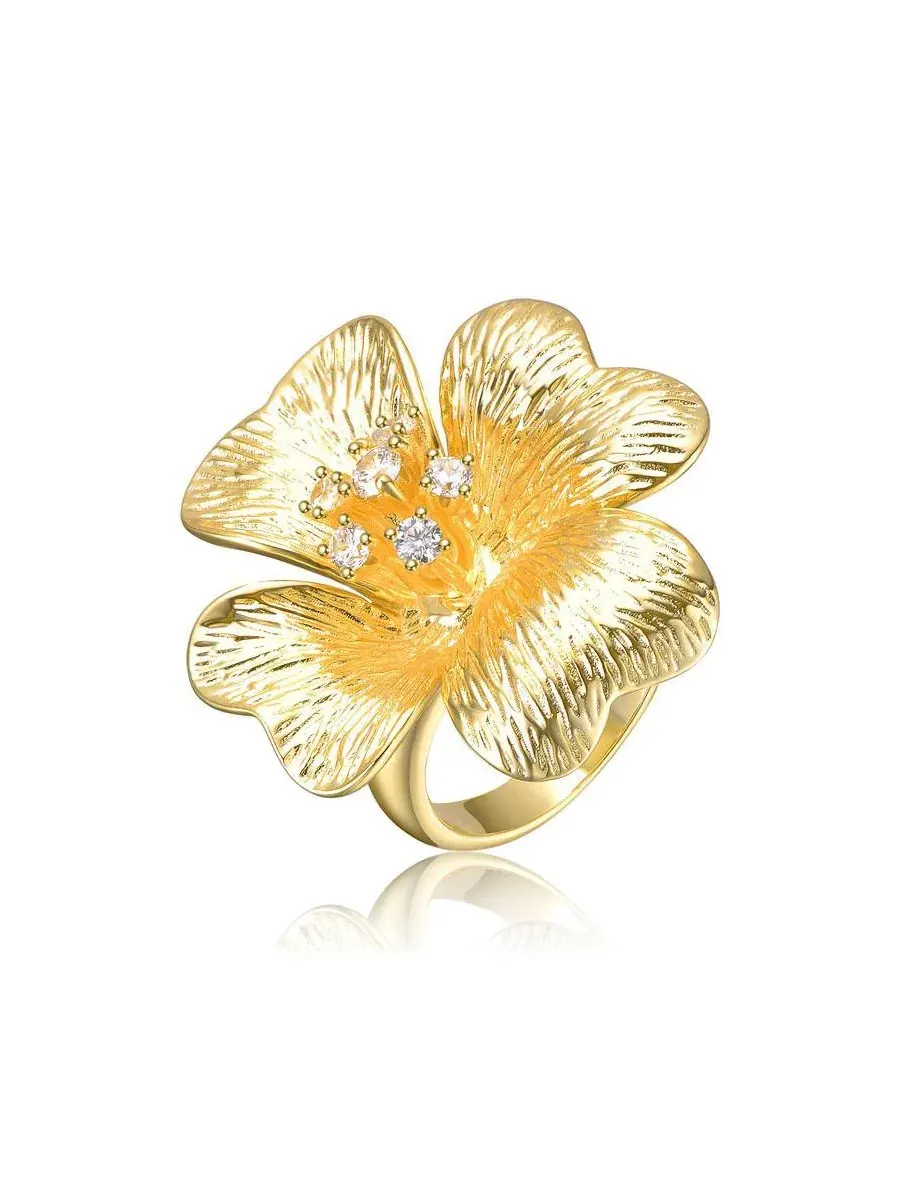 Кольцо с цветком и фианитами 14K Gold Plated Rachel Glauber — изображение 1 из 4, оттенок золото