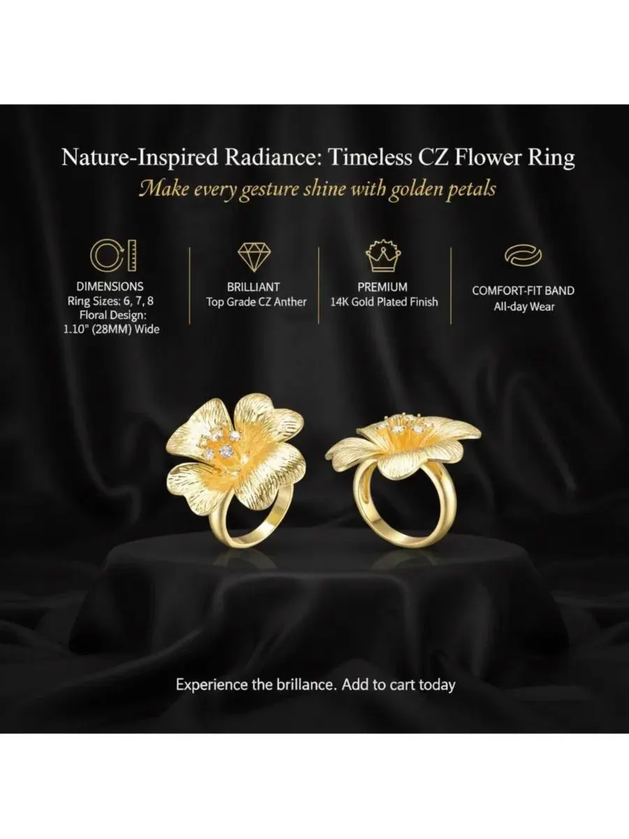 Кольцо с цветком и фианитами 14K Gold Plated Rachel Glauber — изображение 4 из 4, оттенок золото