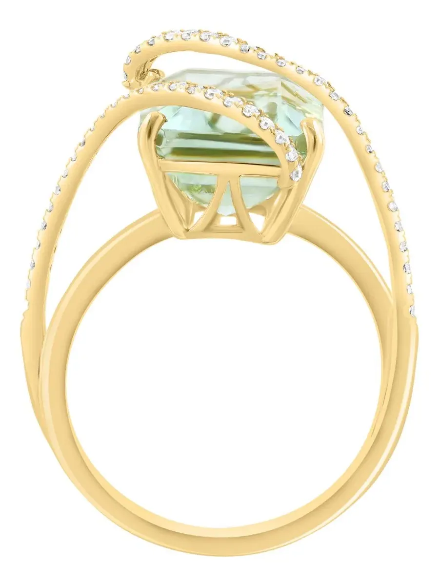 Кольцо с зеленым аметистом (6 ct. t.w.) и бриллиантами (1/4 ct. t.w.) в 14-каратном желтом золоте — изображение 3 из 4