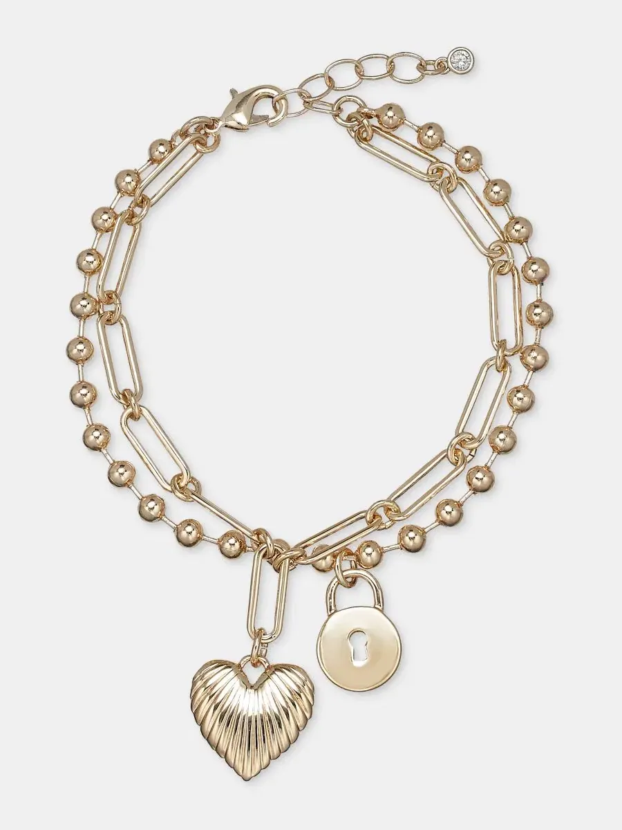 Браслет-цепочка с двумя шармами Heart & Padlock Double Chain Charm On 34th — изображение 1 из 3, оттенок золото