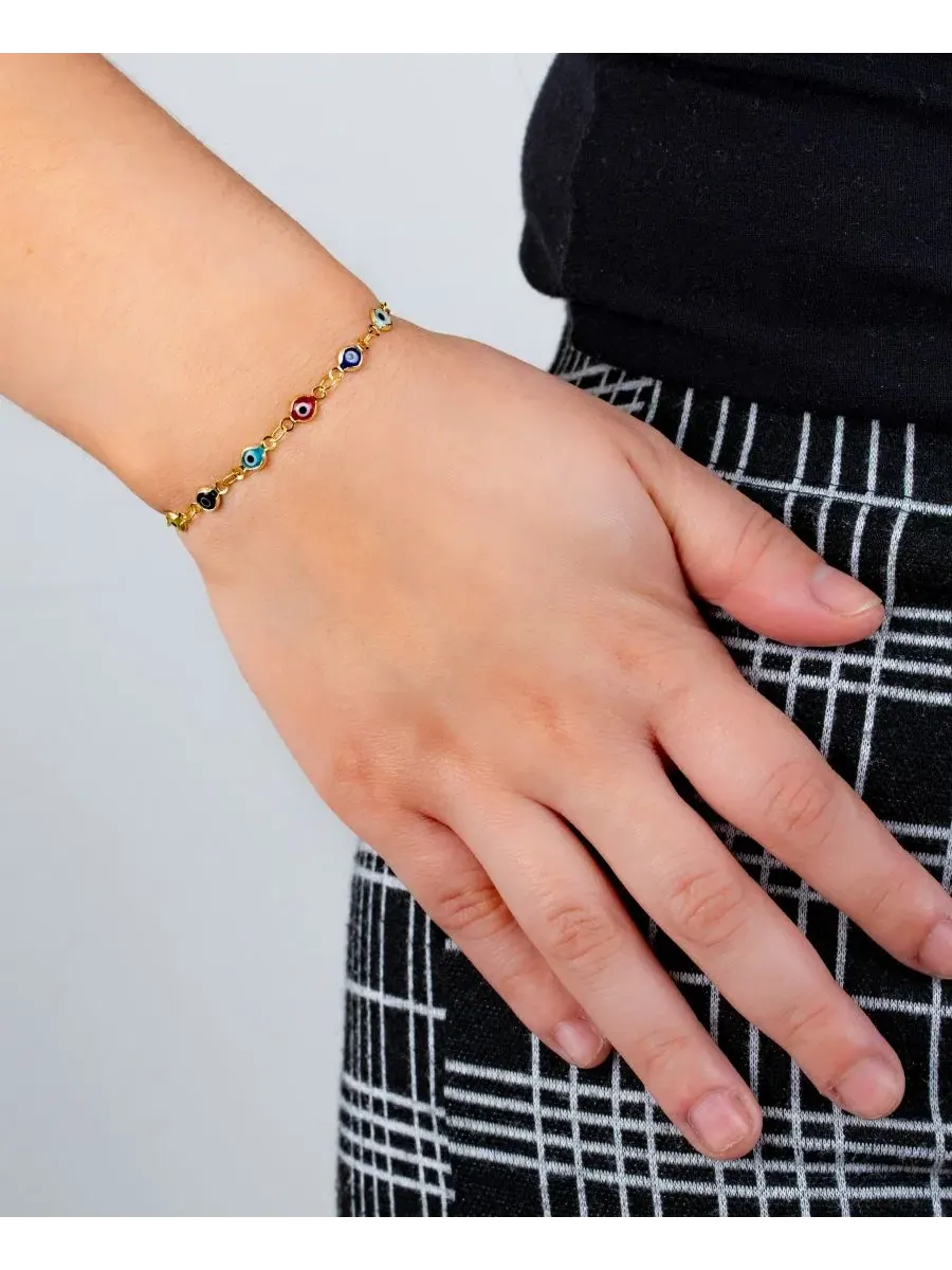 Разноцветный регулируемый браслет с изображением стеклянного глаза-хранителя — изображение 2 из 3, оттенок золото