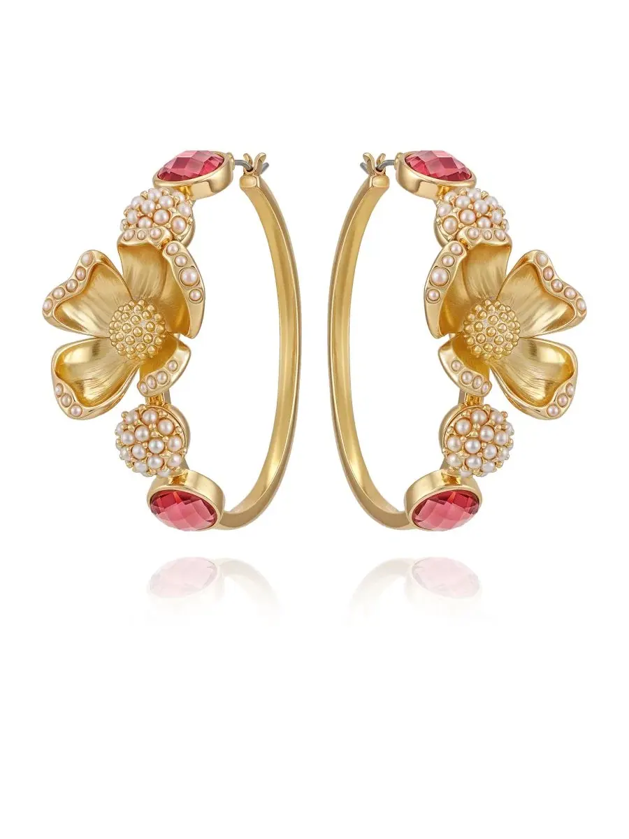 Серьги-кольца из стеклянных камней с цветочным узором Guess — изображение 1 из 3, оттенок золото
