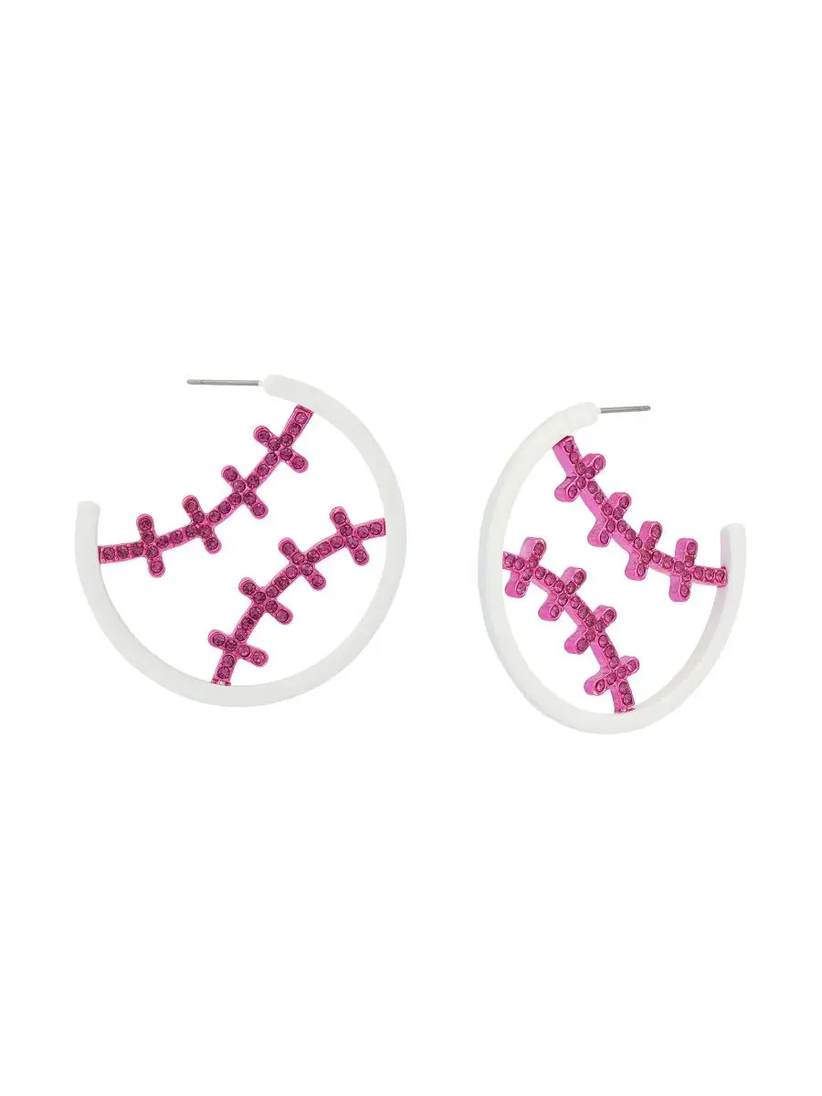 Серьги-кольца с принтом бейсбольного мяча, из страз Betsey Johnson — изображение 1 из 4, оттенок розовый