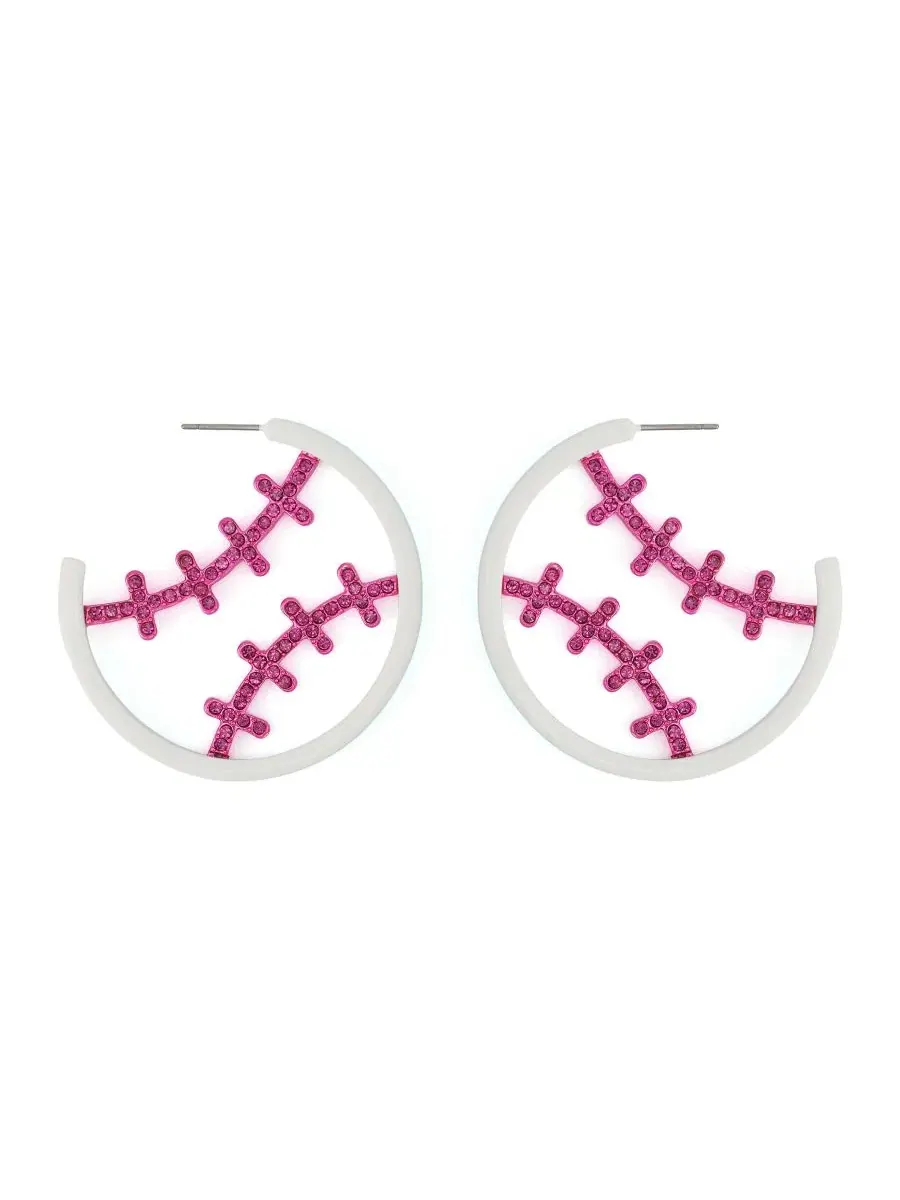 Серьги-кольца с принтом бейсбольного мяча, из страз Betsey Johnson — изображение 2 из 4, оттенок розовый