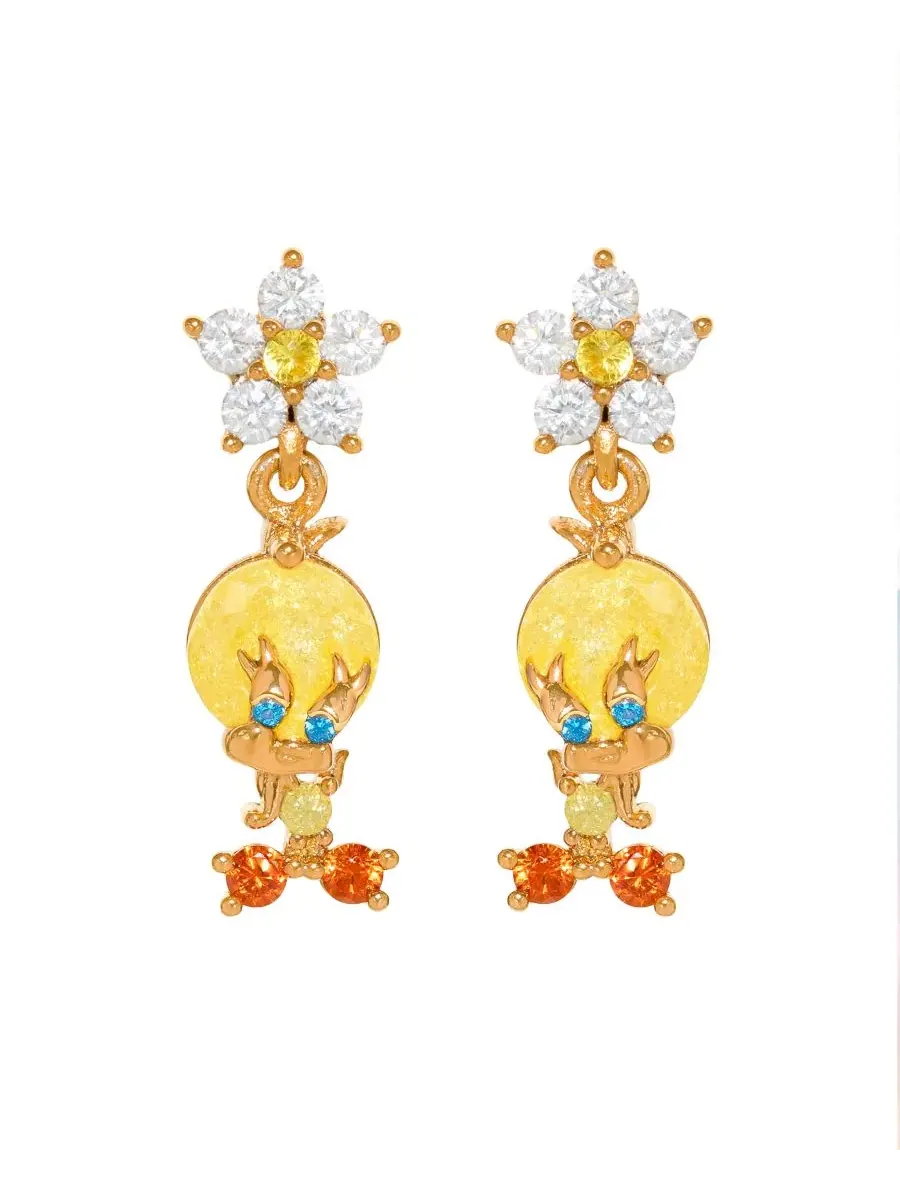 Серьги-пусеты с подвеской Tweety, с кристаллами Girls Crew — изображение 1 из 3, оттенок золото