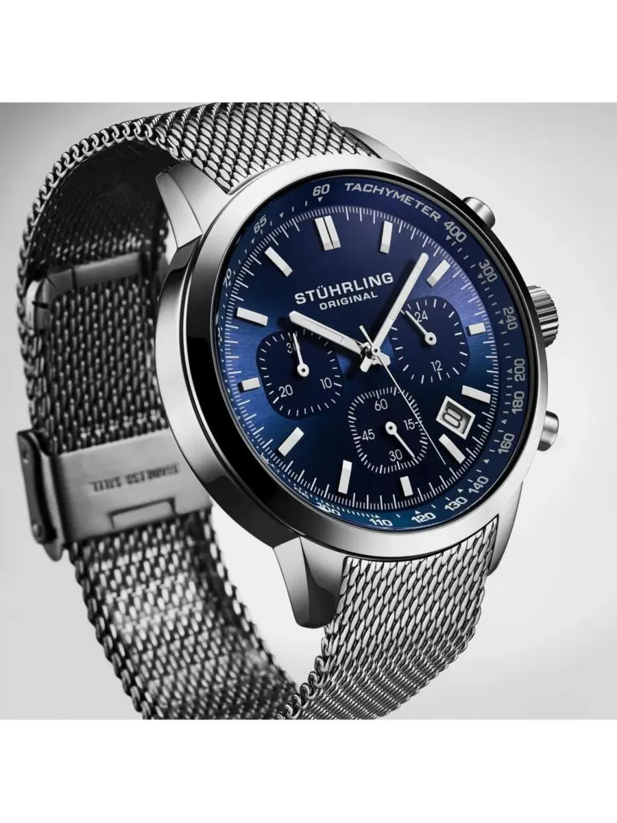 Мужские кварцевые хронографы Chronoport 4082, 44 мм, из нержавеющей стали Stuhrling — изображение 4 из 4, оттенок синий