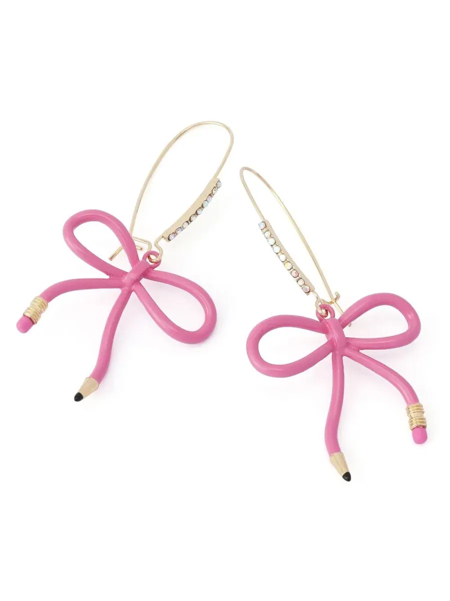 Серьги-подвески с рисунком карандаша Best In Class Bow Pencil Betsey Johnson — изображение 2 из 3, оттенок розовый/золотистый