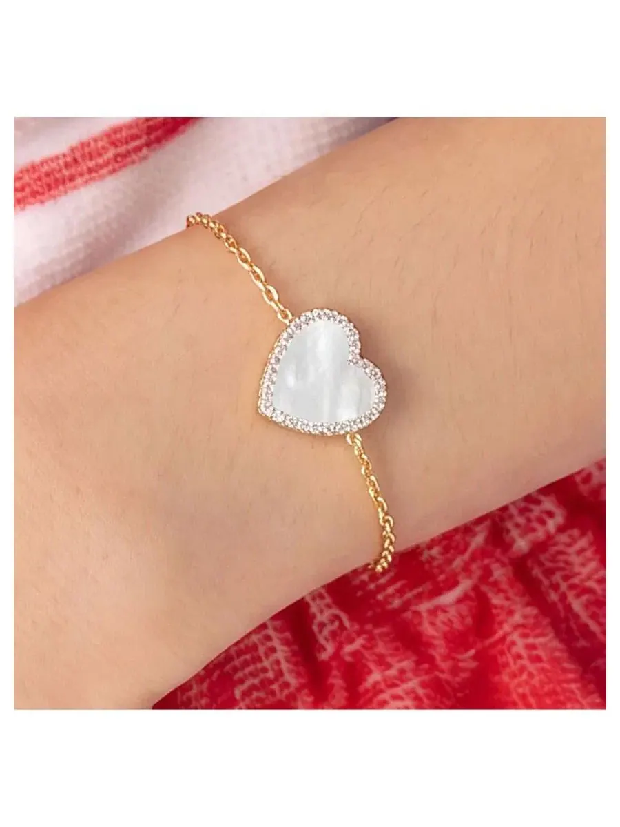 Браслет с подвеской-сердцем из перламутра с цирконием, модель Large Mother of Pearl CZ Halo Single — изображение 2 из 3