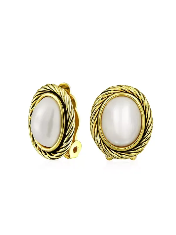 Серьги-Клипсы с имитацией белого жемчуга Mabe, с витым шнуром Bling Jewelry — изображение 1 из 3, оттенок желтый