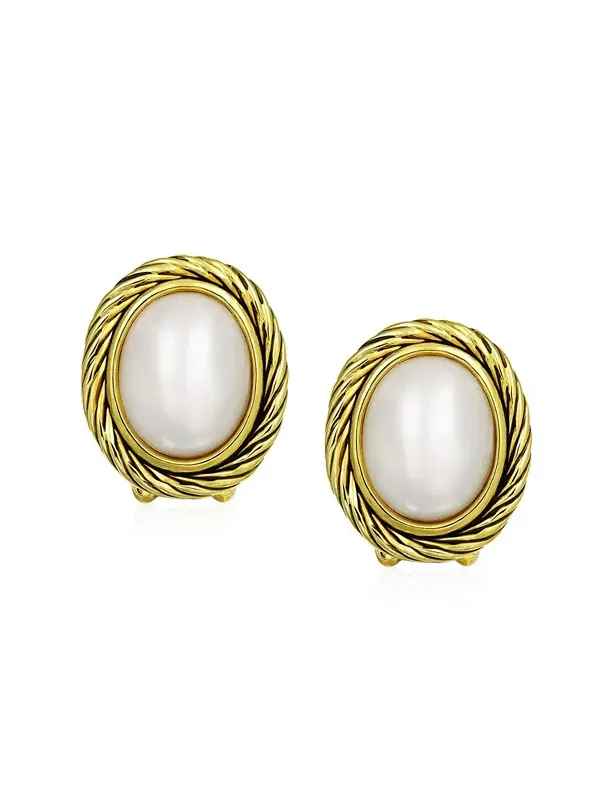 Серьги-Клипсы с имитацией белого жемчуга Mabe, с витым шнуром Bling Jewelry — изображение 2 из 3, оттенок желтый