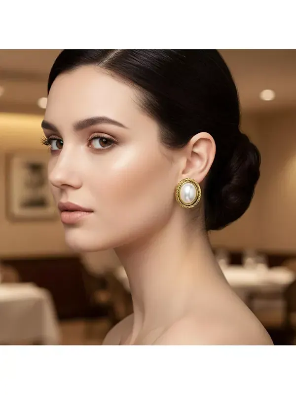 Серьги-Клипсы с имитацией белого жемчуга Mabe, с витым шнуром Bling Jewelry — изображение 3 из 3, оттенок желтый