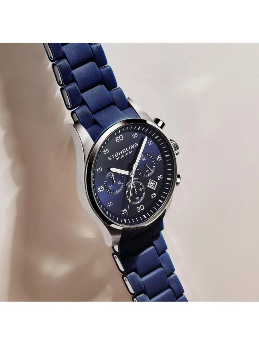 Наручные часы хронограф 43 мм с силиконовым ремешком Velocity 4076 Stuhrling — изображение 5 из 6, оттенок синий