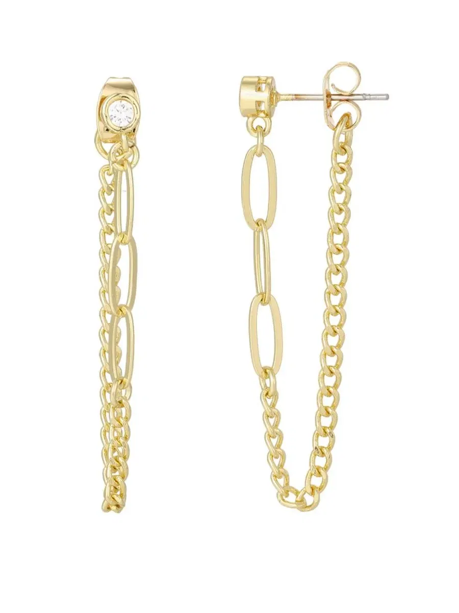 Серьги-пусеты с цепочкой-скрепкой и фианитами, 14k позолота ADORNIA — изображение 1 из 4, оттенок золото
