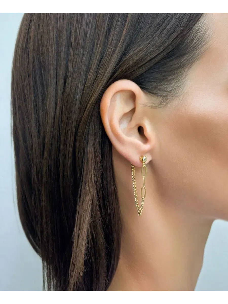 Серьги-пусеты с цепочкой-скрепкой и фианитами, 14k позолота ADORNIA — изображение 3 из 4, оттенок золото