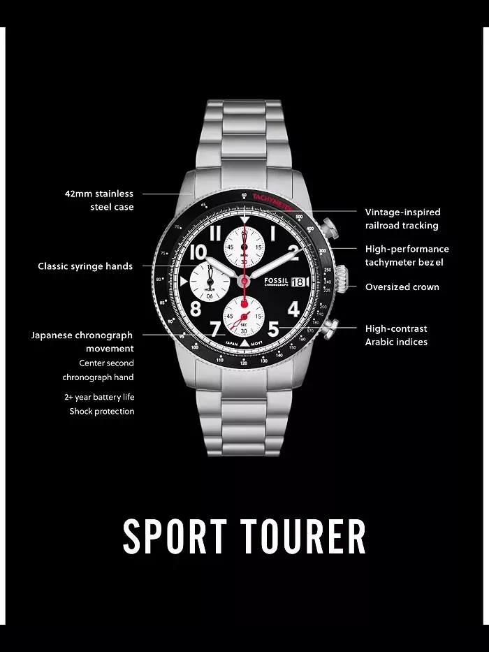 Мужские спортивные часы Tourer Chronograph из нержавеющей стали серебристого тона 42 мм Fossil — изображение 5 из 5