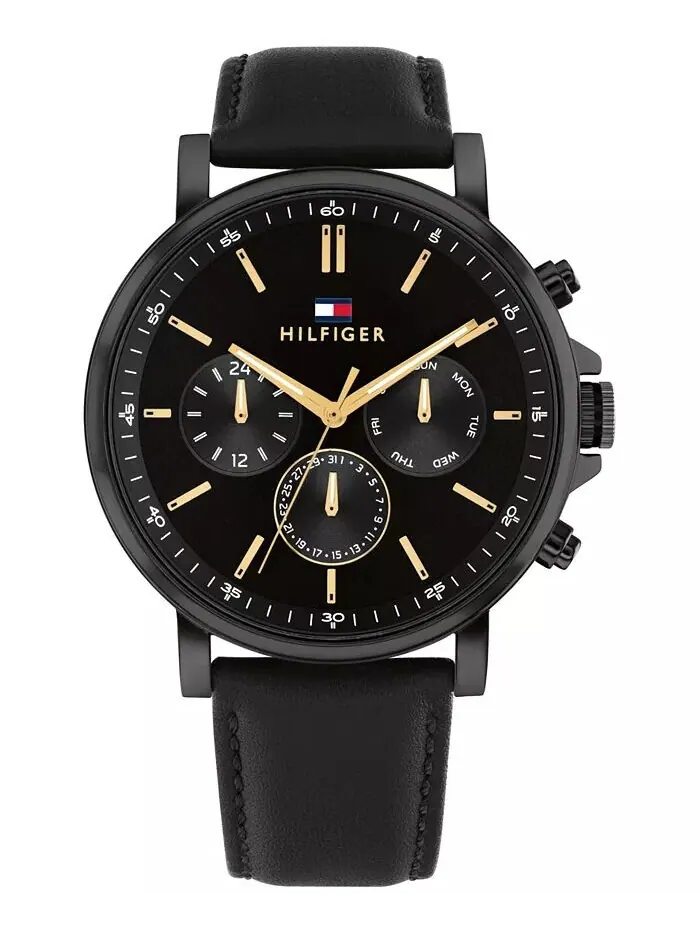 Мужские многофункциональные черные кожаные часы 44 мм Tommy Hilfiger