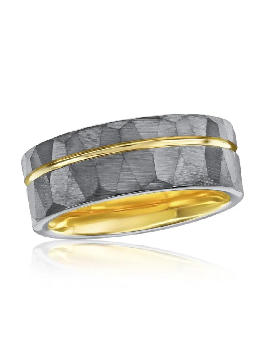 Кольцо из вольфрама с граненой поверхностью Matte Silver & Gold Lined Faceted Tungsten Ring Metallo