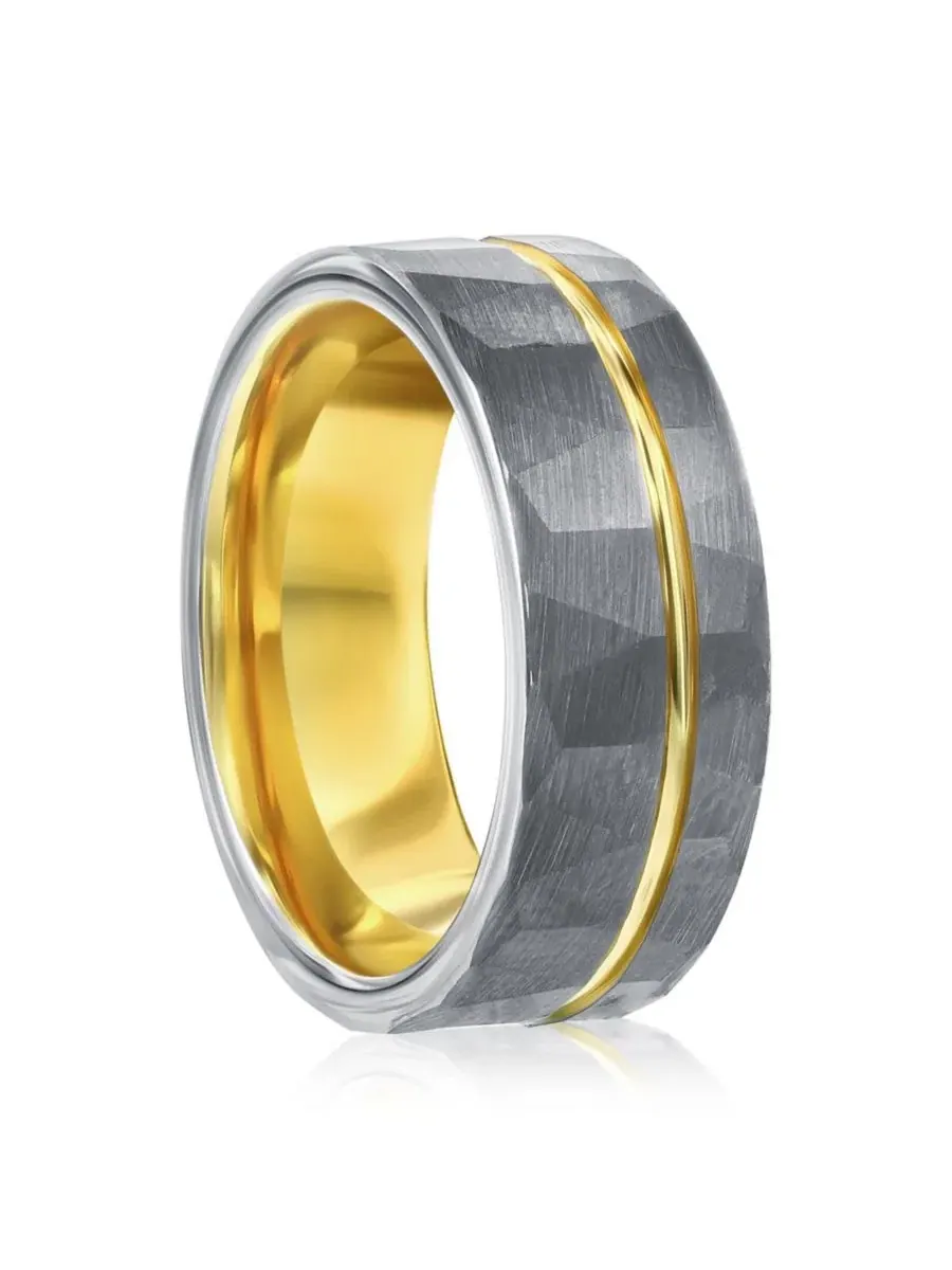 Кольцо из вольфрама с граненой поверхностью Matte Silver & Gold Lined Faceted Tungsten Ring Metallo — изображение 2 из 3