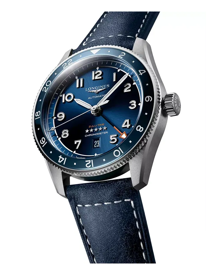 Мужские швейцарские автоматические часы Spirit Zulu Time с синим кожаным ремешком, 42 мм Longines — изображение 3 из 4